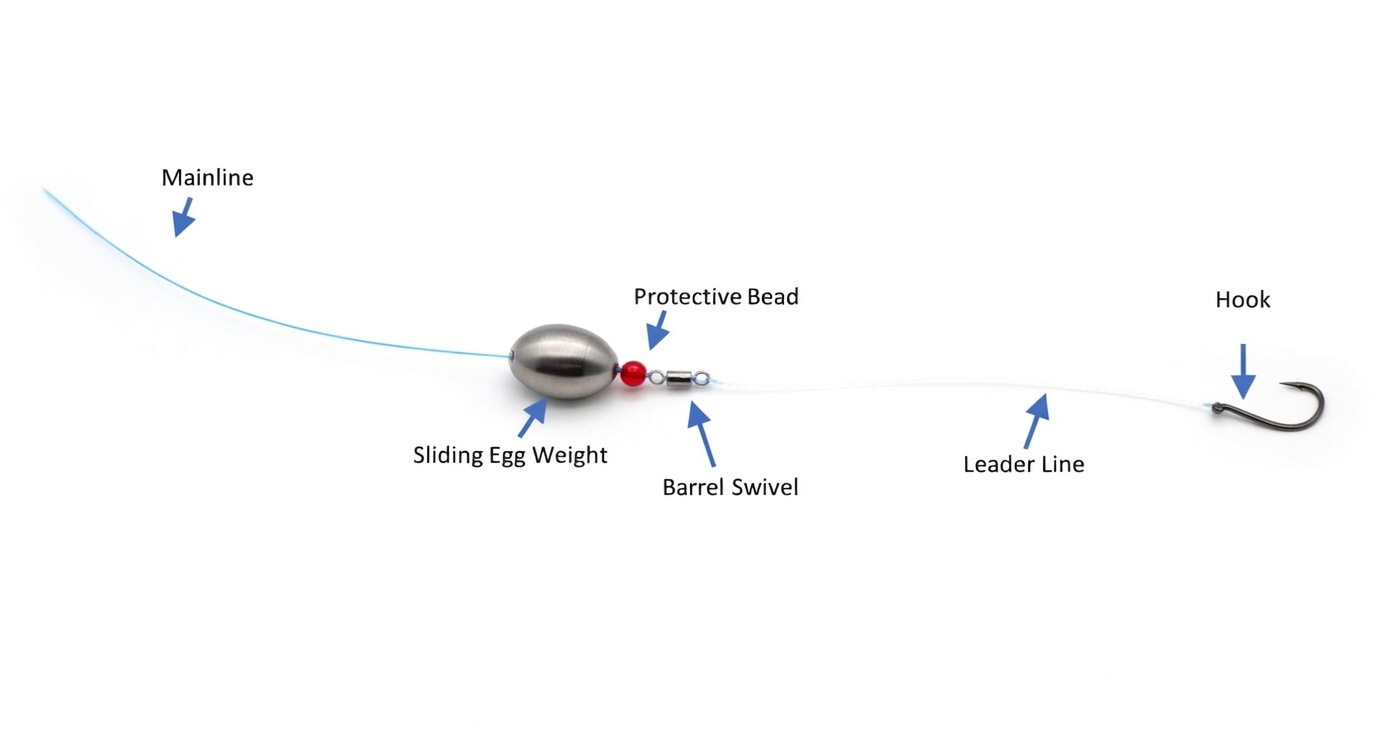 Carolina rig diagram showing egg sinker, bead, swivel, fluorocarbon leader, and circle hook setup for halibut fishing